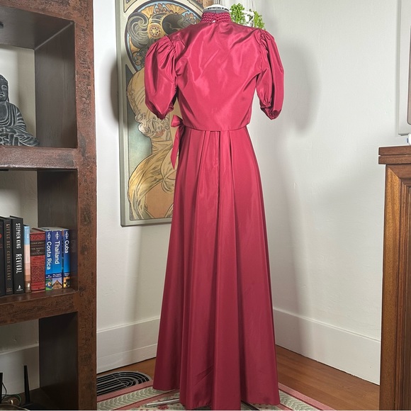 Vintage Burgundy 1980s Nylon and Lace Long Dress with Matching Shrug Jacket - Picture 4 of 15